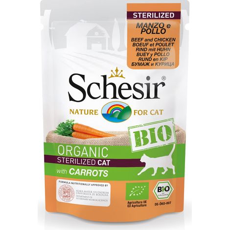 Schesir BIO, Alimento Completo Umido per Gatti adulti Sterilizzati, Patè di Manzo e Pollo Con Carote senza Cereali - 16 bustine dal 85g (1,36kg totale) (1/3)