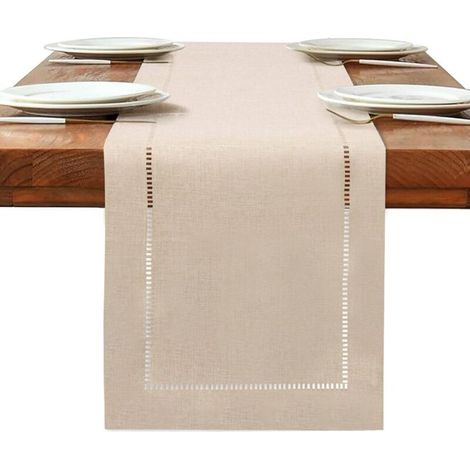 Beigefarbener Tischläufer aus Leinen, 180 x 32 cm, moderner Leinenlook, waschbar, für Esstisch, Tischdekoration, Möbel (1/4)