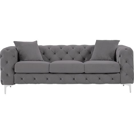 Canapé 3 places chesterfield en velours anthracite EDWINA