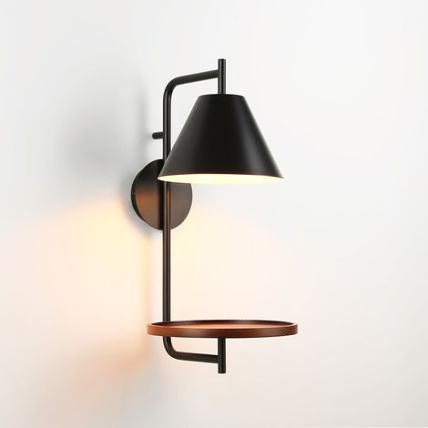 Barcelona Led – Applique murale chambre avec étagère en bois – Finition noire mate – Douille E27 pour ampoules – Éclairage optimal intérieur blanc