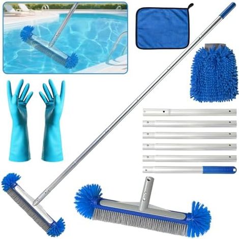Brosse Piscine Ronde,Tête de Détachable,Épuisette avec Manche Télescopique 213cm,Carrelage et Escalier,pour Piscine,étang,Bain à Remous D - (1/5)