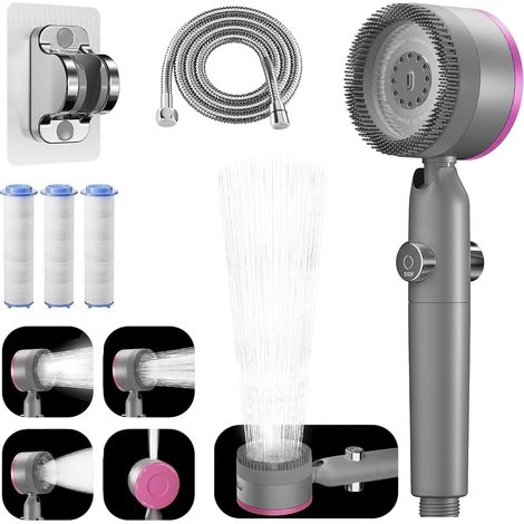 Pommeau de Douche Haute Pression 4 Jets avec Tuyau 1.5 m, Pommeau de Douche Économie d'eau,filtration, buses anti-calcaire, avec Bouton d'Arrêt, Support,Douchette pour salle de bain (1/5)