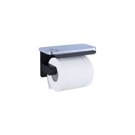 Portarrollos de papel higiénico, sin necesidad de taladrar, dispensador de papel higiénico con estante, acero inoxidable SUS 304, autoadhesivo y de montaje en pared para baño (negro) - Crezuo