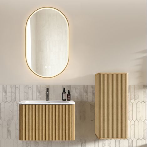 Mueble de baño 60 cm con lavabo, espejo LED y mueble lateral roble HAVRYA (1/5)