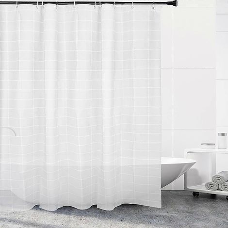 Rideau de douche moderne blanc à motif treillis, épais, imperméable et anti-moisissure, en PEVA, avec crochet inclus (1/5)