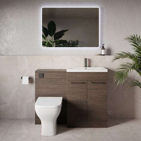 Napoli 390 Brown Oak 1100mm 2 Door Vanity Unit Toilet Suite with Glide Basin - 1100mm - Gunmetal Grey 160mm HandleWith Kingston Toilet Pan and Seat