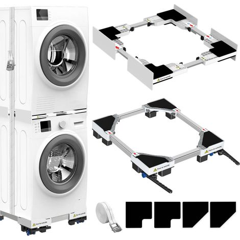 Cadre et support de montage universels pour sèche-linge et lave-linge, taille réglable avec corde à cliquet et roulettes de transport avec freins pour lave-linge et sèche-linge, gain de place (1/5)