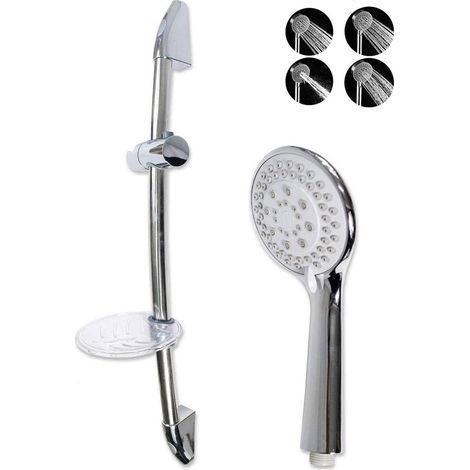 Saliscendi cromato con soffione multigetto diametro 10 cm per doccia staffa regolabile con porta sapone supporto orientabile scorrimento per regolare altezza 70 cm (1/3)