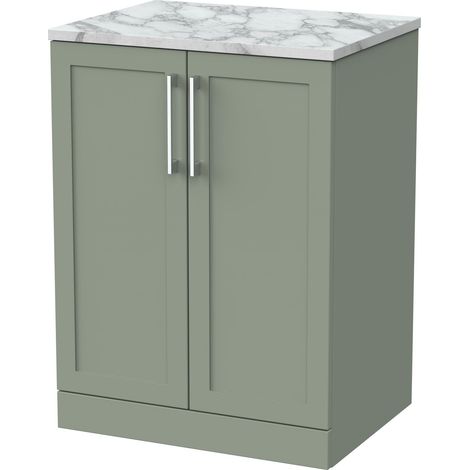 Stonnall Traditional Floor Standing 2 Door Vanity Unit with Carrera Marble Laminate Worktop, 600mm, Reed Green (1/4)