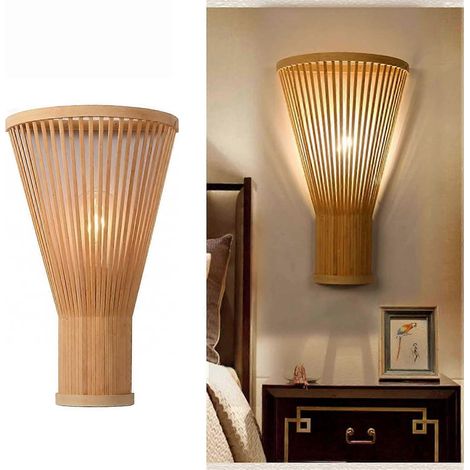 Applique murale en bambou avec abat-jour en rotin tressé, douille E27, style rustique, idéale pour chambre, couloir ou salon (ampoule non incluse). (1/5)