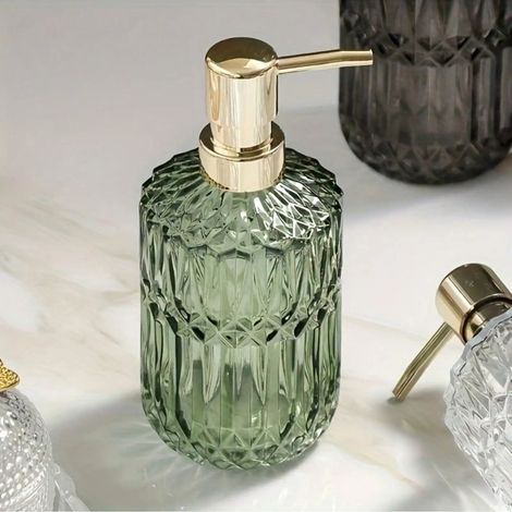 (vert) 1 distributeur de savon en verre de 380 ml (13,32 oz) avec pompe rechargeable pour savon liquide, gel douche, savon pour les mains et accessoires de salle de bain. (1/5)