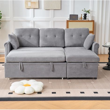 Divano angolare letto 206x130x85 cm in ciniglia grigia con contenitore, per soggiorno – MEUBLIV (1/5)