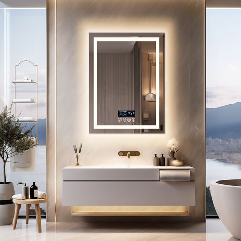 Luvodi – Miroir salle de bain LED Bluetooth 70×90 cm – Rectangulaire anti-buée – 3 couleurs de lumière – Affichage heure et température – IP56