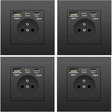Lot de 4 prises murales UE avec USB + Type-C, 5V 2,1A, 110-250V, noir (1/4)