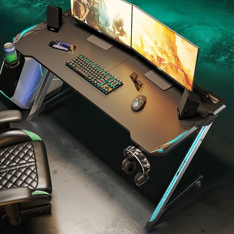 SONNI Gaming Tisch LED mit Getränkehalter,Kopfhörerhalter Computertisch schwarz,Z-förmige ergonomische Design,140x60x75cm RGB Beleuchtung (1/5)