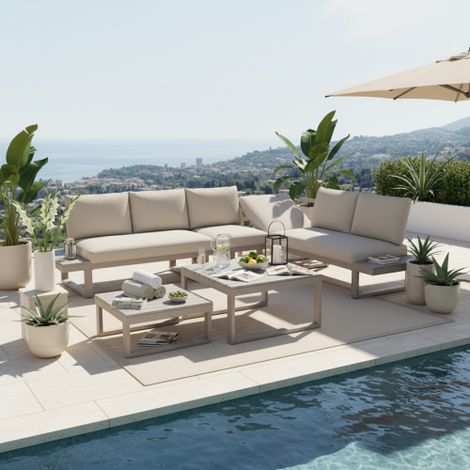 Gartenmöbel-Set, Eckstellung, mit verstellbarer Neigungsfunktion (5-stufig, bis 55°), verzinktes Stahlrohr, Tischplatte aus Kunststoffholz, mit zwei Couchtischen, Beige + Khaki