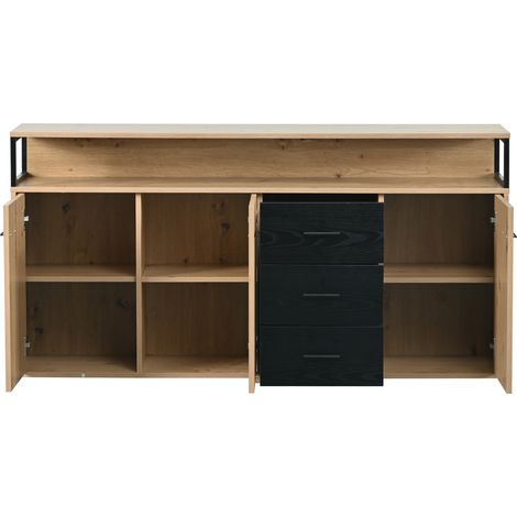 Buffet industriel noir et bois avec 3 portes et 3 tiroirs 150x35x75,9 cm pour salon, chambre ou bureau (1/5)