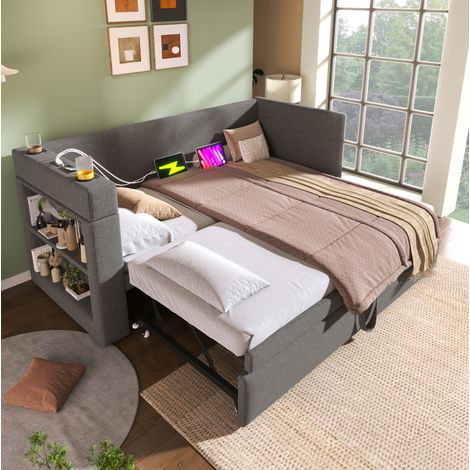 Canapé-lit gigogne en coton et lin gris 90x190 cm avec USB, Type-C, porte-gobelets et rangements (1/5)