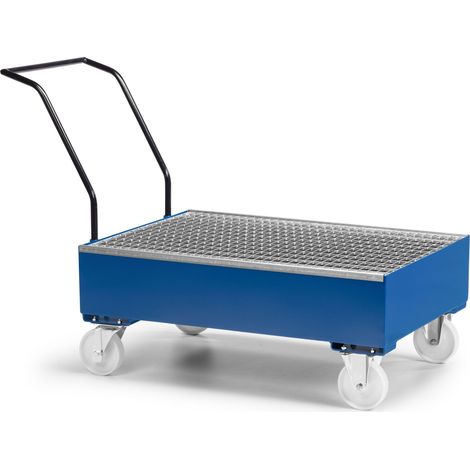 RR Industrietechnik Fahrbare Auffangwanne aus Stahl für 2x 200 Liter Fass mit Gitterrost RAL 5010 enzianblau