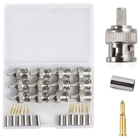 ALLIANDISLot de 12 connecteurs BNC RG58 mâles à sertir avec boîte de rangement, compatible avec câble coaxial RG58 pour antennes, appareils LAN sans fil, câble coaxial, Wi-Fi, radios, antenne externe (1/5)