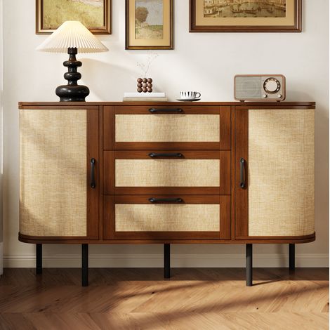 Buffet 120x40x82 cm 2 portes 3 tiroirs étagères réglables coins arrondis MDF noyer pieds métal noir (1/5)