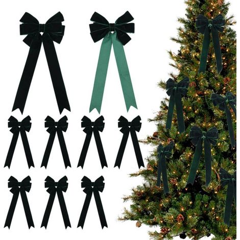 Ribbon - Bow Velvet Christmas Tree Decoration - For Wreaths And Garlands - 11.4 X 4.8 Cm - Green - Pack Of 6 (1/5)