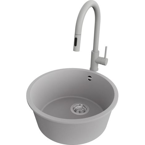 PRIMAGRAN Evier Sous Plan 46x46cm,Evier en Granit 1 bac + Robinet 40x20cm + Kit de Vidage, Évier au meuble 50cm - La Valette, Gris (1/5)