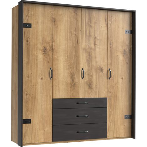 Armoire design en chêne poutre avec un cadre en couleur rechampis raw steel - L200 x H216 x P58 cm -PEGANE-