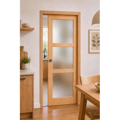 Porta scorrevole vetrata 3 piastrelle smerigliate impiallacciatura Ayous H204 x L.93 + sistema a cerniera e pannellatura in dotazione (1/5)