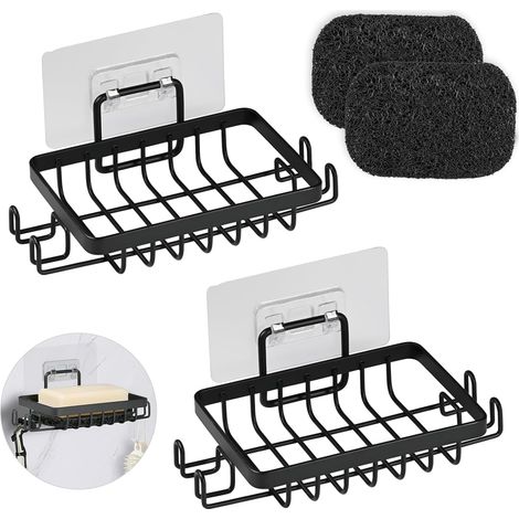 2 Pièces INOX Porte Savon Douche sans Perçage, Auto-Adhésif Porte Savon Mural avec Crochets et Économiseur de Savon, Support Savon Mural pour Salle de Bain et Cuisine (Noir) (1/5)