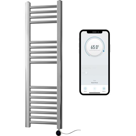 Chrome Electric Smart WiFi Controlled Heated Towel Rail 300mm W x 1000mm H Straight 7 Day Programmable Timer App Compatibility