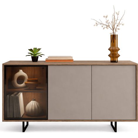 Credenza Terinese, Madia 3 Ripiani, Apertura Battente, 3 Ante, 184x40x87h cm Beige