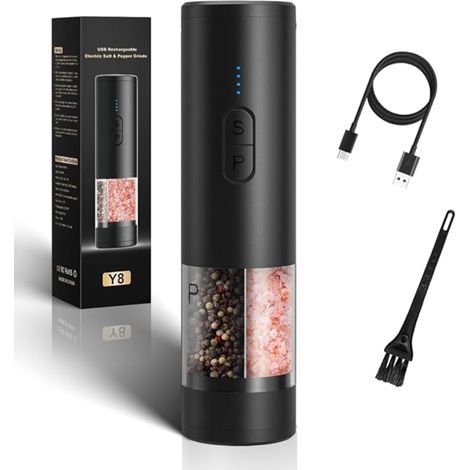 Moulin Double Électrique 2-en-1 pour Sel et Poivre - Broyeur Rechargeable USB avec Finesse de Mouture Réglable et Éclairage LED, Noir (1/5)