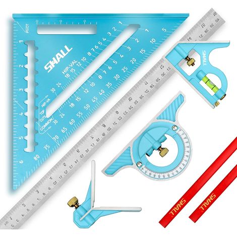 Ensemble d'outils pour équerre de chevron et équerre combinée, équerre de charpentier en alliage d'aluminium de 7 pouces, 2 crayons de menuiserie, traceur (1/5)