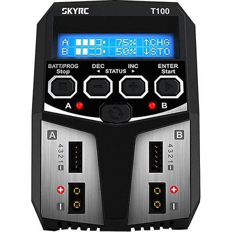 Chargeur équilibré double canal Skyrc T100 5 A 100 W AC100-240 V, prise XT60, compatible avec les voitures, bateaux, hélicoptères et avions télécommandés (1/5)