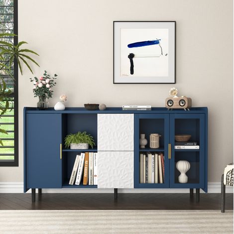 Credenza in MDF blu con ante in vetro, cassetti e vani aperti, mobile contenitore multifunzione (1/5)
