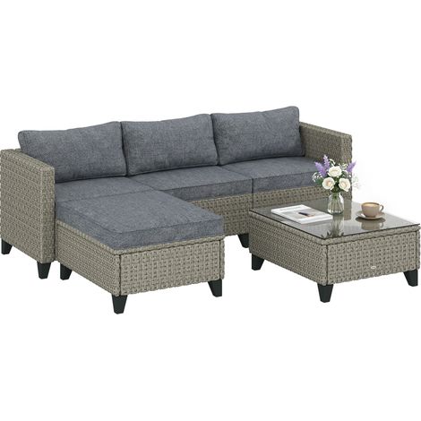 Dark Grey 5-Piece Rattan Patio Furniture Set with Corner Sofa, Footstools and Coffee Table 68 x 68 x 64 cm (1/5)