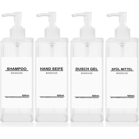 Lot de 4 distributeurs de Savon - 500 ML - en Plastique - Rechargeables - avec Entonnoir et étiquettes étanches - pour Cuisine, Salle de Bain, Salle de Bain - Transparent'Transparent 500ml'Transparent