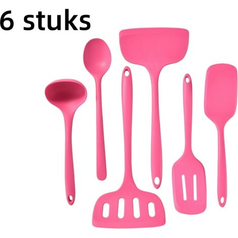 Ensemble de 6 ustensiles de cuisine en silicone rose résistants à la chaleur comprenant spatule louche cuillère à égoutter et cuillère de cuisine avec porte ustensiles suspendu adaptés aux revêtements (1/5)