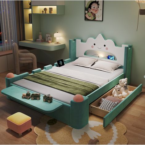Letto imbottito per bambini 240x172.5x106 cm, testiera a nuvola con lampada da lettura USB, contenitore, velluto blu verde (1/5)