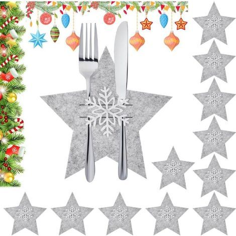 12 Pcs Porte Couverts Noël en Étoile Pochette Couvert Noël Porte Couvert Feutrine Noël Range Couvert pour Table de Noël Sac Couverts Noël avec Déco flocon pour Déco de Table Dîner Fête, Gris (1/5)