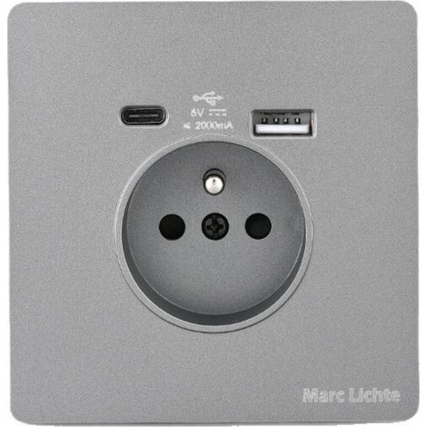 1pc Prise Électrique Murale 16A avec USB et Type C, Multiprise Murale avec Verre Trempé, Prise USB Charge Rapide pour Smartphone, Tablette et Appareils Électriques, Gris (1/5)