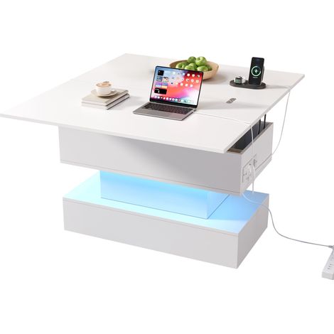 Table basse 100 x 50 x 51,5 cm avec prise de courant, USB-C et prise de charge USB, table de salon multifonction avec LED, table basse relevable, table basse réglable en hauteur, table d'appoint et ta (1/5)
