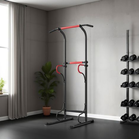 Power Tower Dip-Station, Power Tower Klimmzugstange, multifunktionale Fitnessstation mit verstellbarer Höhe 171–219 cm, Schwarz und Rot