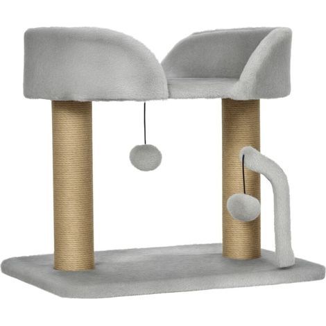 Designer cat tree with scratching post, toy, 2 hanging pom-poms, 2 jute posts, jute plush platform, 48 x 38 x 42 cm, grey (1/5)