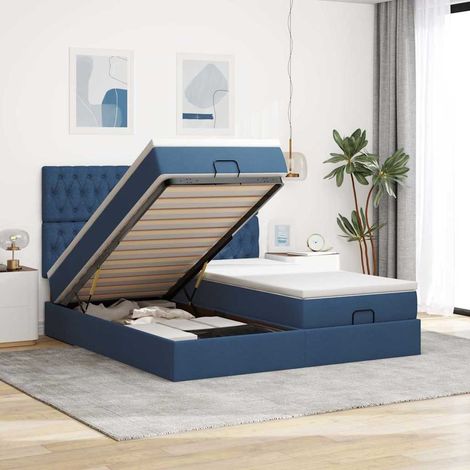 Cadre de lit ottoman avec matelas bleu 200x200cm tissu (1/5)