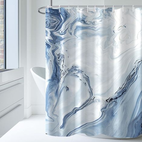180x180CM Shower Curtain with 12 Hooks, Light Blue Marble Fabric for Bathroom (1/5)