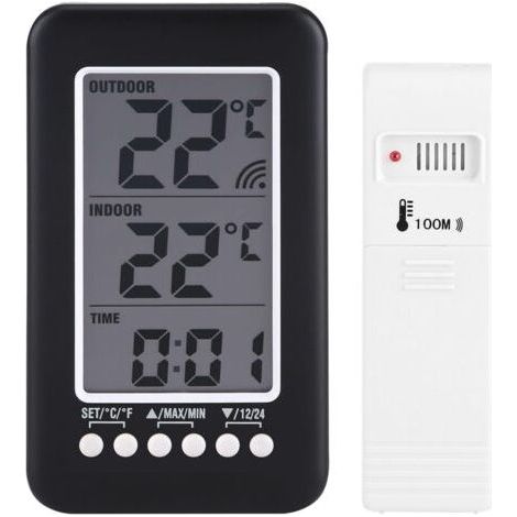 Thermomètre intérieur extérieur sans fil – Affichage LCD numérique – Plage -40 à 70 °C – Horloge digitale – Support mural et de table (1/5)