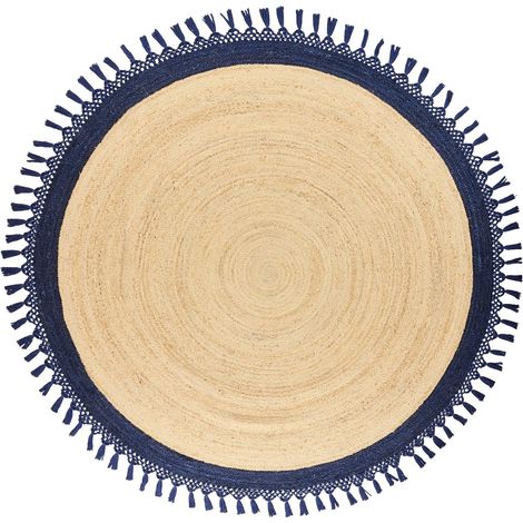 Tappeto rustico bohémien rotondo 200 cm in iuta naturale intrecciata a mano beige e blu scuro Marts