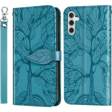 Coque pour Galaxy A13 5G, Arbre de Vie Motif Housse Case en Cuir Synthétique Cover à Rabat, Portefeuille Étui de Protection avec Fentes pour Cartes, Fonction de Support, Bleu Vert